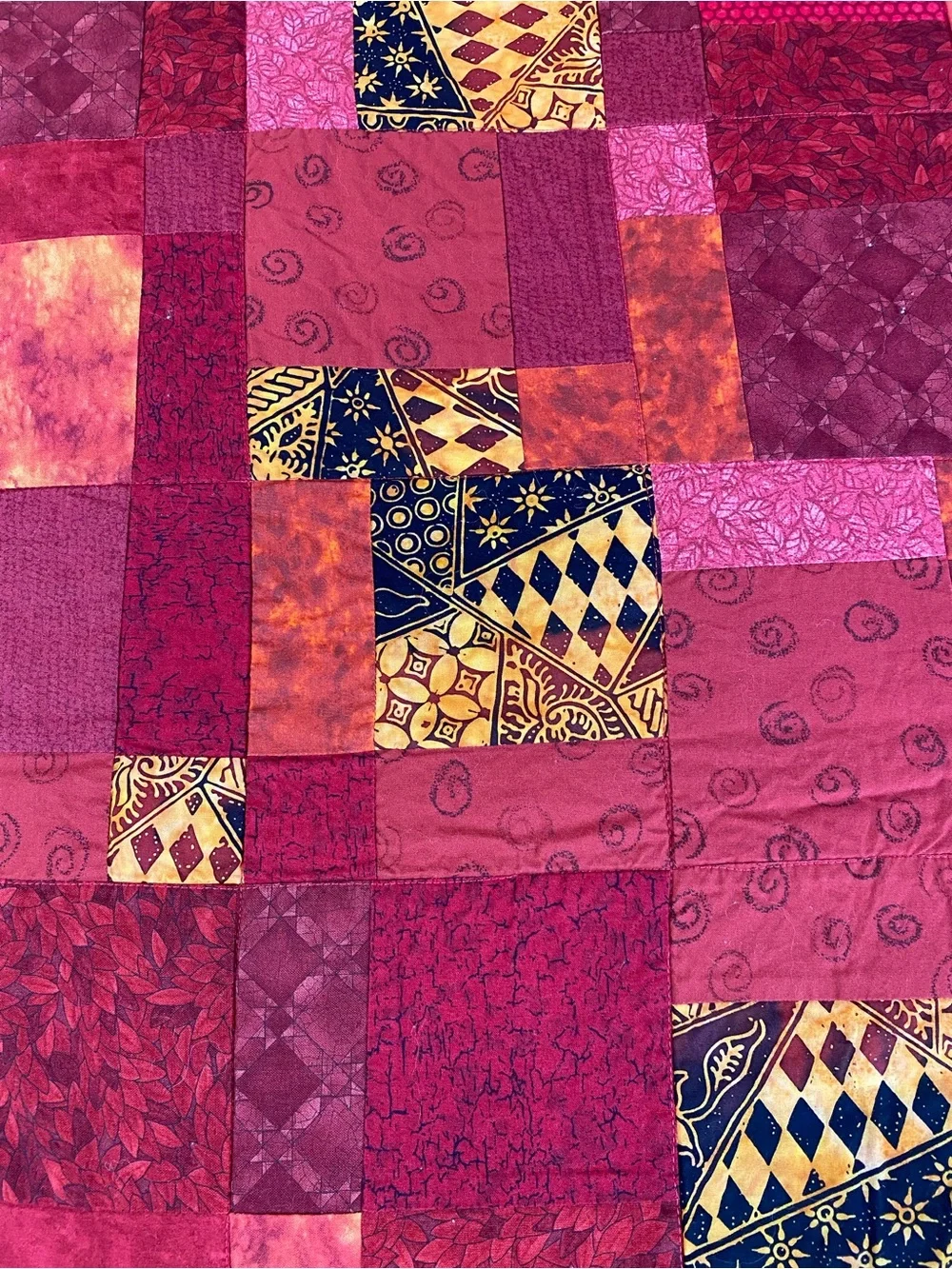 Patchwork Red & Orange Quilted Bedspread with Accented Prints Handmade
